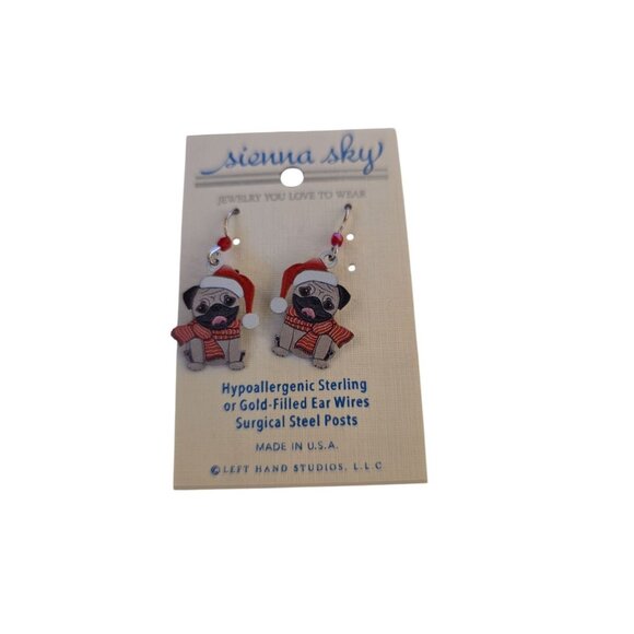Sienna Sky Pug Dog Santa Hat & Red Scarf Christmas Dangle Earrings USA - Picture 1 of 4